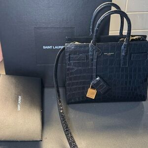 Saint Laurent Black Croc-Embossed Tote